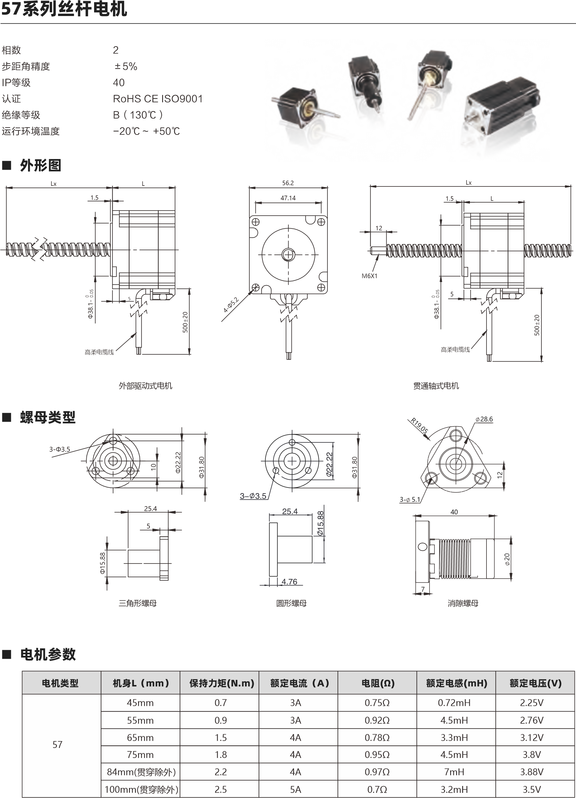 57系列絲桿電機 57系列絲桿電機 動態(tài)推力曲線圖 外形圖  相數(shù) 步距角精度 IP等級  認證 絕緣等級 運行環(huán)境溫度 2 ±5％ 40 RoHS CE ISO9001 B（130℃） -20℃～ +50℃ 螺母類型 電機參數(shù) 57 45mm 0.7 3A 0.75Ω 0.72mH 2.25V 3A 0.92Ω 4.5mH 2.76V 4A 0.78Ω 3.3mH 3.12V 電機類型 機身L（mm） 保持力矩(N.m) 額定電流（A） 電阻(Ω) 額定電感(mH) 額定電壓(V) 絲桿參數(shù) 0.375 0.635 0.025 0.003175 9.525 0.02-0.03mm 0.375 1.27 0.05 0.00635 9.525 0.02-0.03mm 0.375 1.5875 0.0625 0.0079375 9.525 0.02-0.03mm 0.375 2.1167 0.083 0.0105835 9.525 0.02-0.03mm 0.375 2.54 0.1 0.0127 9.525 0.02-0.03mm 0.375 3.175 0.125 0.015875 9.525 0.02-0.03mm 0.375 4.232 0.167 0.02116 9.525 0.02-0.03mm 0.375 5.08 0.2 0.0254 9.525 0.02-0.03mm 0.375 6.35 0.25 0.03175 9.525 0.02-0.03mm 0.375 9.525 0.375 0.047625 9.525 0.02-0.03mm 0.375 10.16 0.4 0.0508 9.525 0.02-0.03mm 0.375 12.7 0.5 0.0635 9.525 0.02-0.03mm 0.375 25.4 1 0.127 9.525 0.02-0.03mm 絲桿直徑(inch) 直徑(mm) 導程(mm) 導程(inch) 步長1.8°(°) 螺母軸向間隙 55mm 0.9 65mm 1.5 75mm 1.8 4A 0.95Ω 4.5mH 3.8V 4A 0.97Ω 7mH 3.88V 5A 0.7Ω 3.2mH 3.5V 2.2 84mm(貫穿除外） 100mm(貫穿除外） 2.5 25.4 5 3-Φ3.5 三角形螺母 外部驅動式電機 貫通軸式電機 57系列 45mm機身 速度與推力曲線 57系列 55mm機身 速度與推力曲線 脈沖pps 轉速rpm 200 60 400 120 600 180 800 240 1000 300 1200 360 1400 420 1600 480 1800 540 脈沖pps 轉速rpm 200 60 400 120 600 180 800 240 1000 300 1200 360 1400 420 1600 480 1800 540 1200 1000 800 600 400 200 0 1600 1400 1200 1000 800 600 400 200 0 1.27 2.54 5.08 10.16 25.4 1.27 2.54 5.08 10.16 25.4 1.5 Lx L 高柔電纜線 5 56.2 47.14 M6X1 Lx L 高柔電纜線 1.5 12 5 7 3- 5.1 28.6 40 圓形螺母 消隙螺母 57系列 75mm機身 速度與推力曲線 脈沖pps 轉速rpm 200 60 400 120 600 180 800 240 1000 300 1200 360 1400 420 1600 480 1800 540 2000 1600 1200 800 400 0 2.54 5.08 10.16 12.7 25.4 57系列 65mm機身 速度與推力曲線 脈沖pps 轉速rpm 200 60 400 120 600 180 800 240 1000 300 1200 360 1400 420 1600 480 1800 540 1600 1400 1200 1000 800 600 400 200 0 2.54 5.08 10.16 12.7 25.4 建議負載上限900N 建議負載上限900N 建議負載上限900N 建議負載上限900N 步進直線傳動產品制造商 Linear stepper motor provider 步進直線傳動產品制造商 Linear stepper motor provider 以上曲線是有雙極性 斬波恒流驅動 100%工作電流40Vdc條件進行測試。